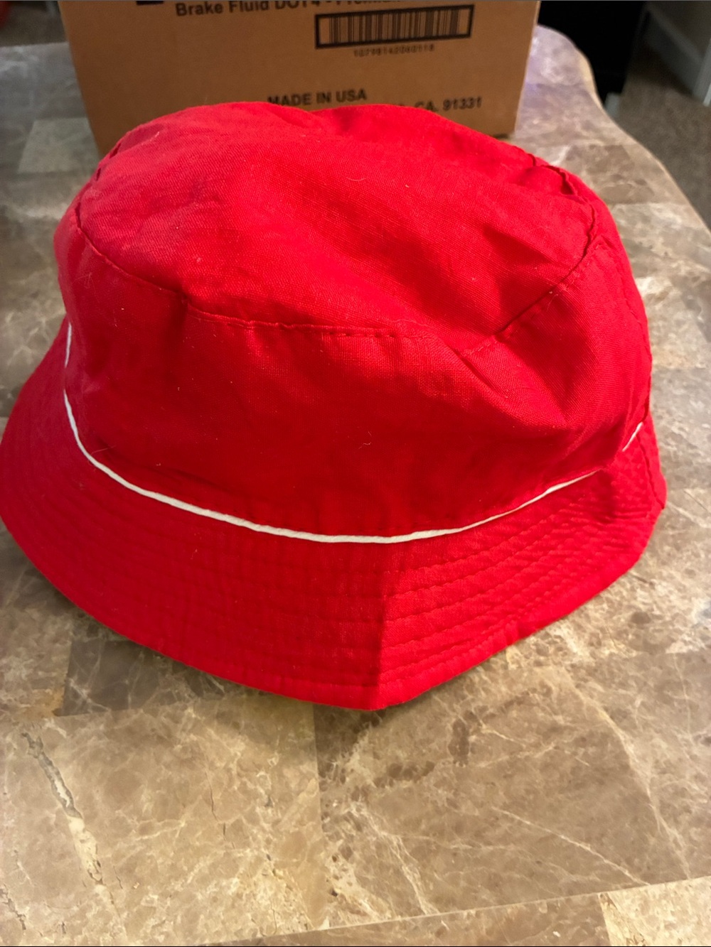 Women’s Red Bucket Hat with White Piping Max Grey